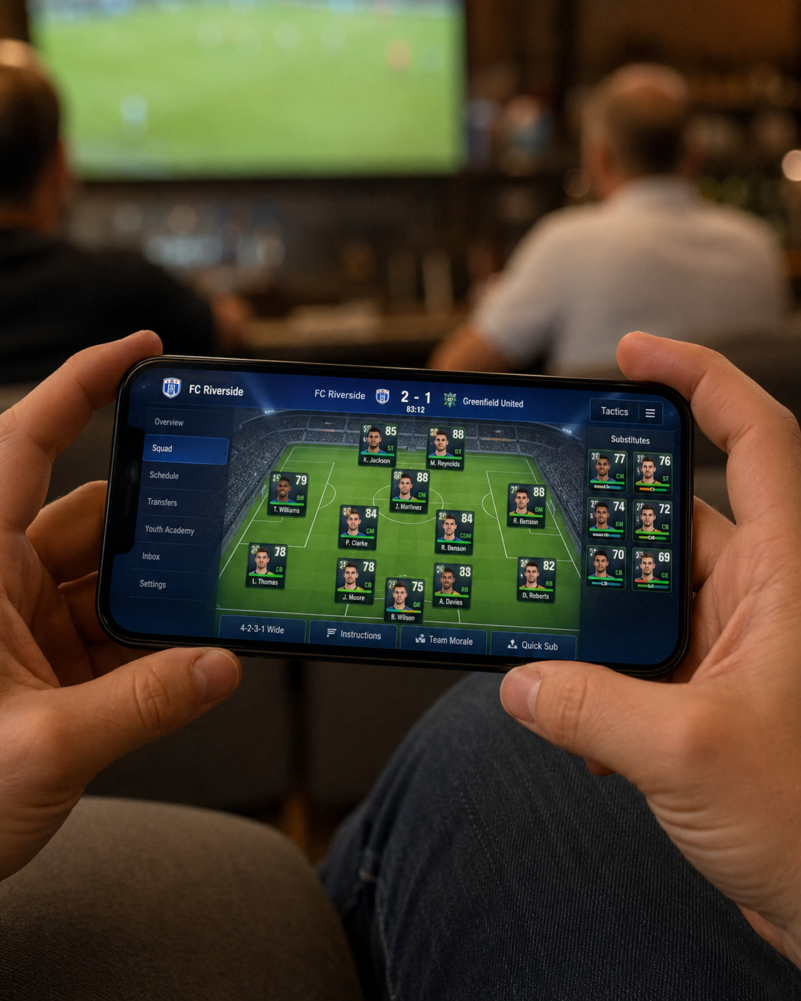 Smartphone displaying a fictional mobile game at an OriginCrownHub Australian gaming technology exhibition